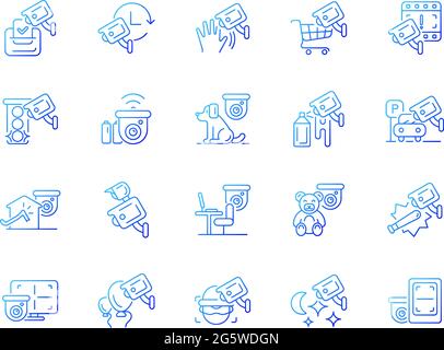 Surveillance and security systems gradient linear vector icons set. CCTV camera installation. 24 7 protection. Thin line contour symbols bundle. Isola Stock Vector