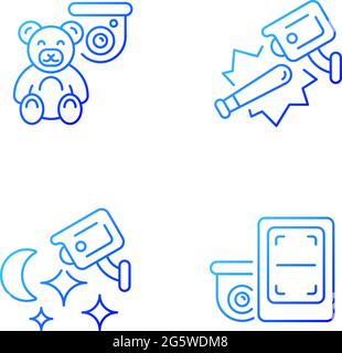 Security monitoring solution gradient linear vector icons set. Children protection. Public safety. Wireless access. Thin line contour symbols bundle. Stock Vector