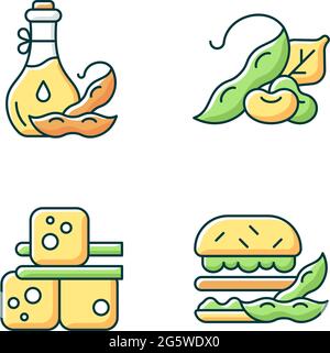 Soybeans cooking RGB color icons set Stock Vector