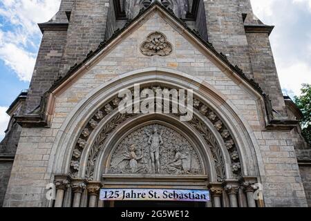 Berlin-Wedding. St. Sebastian Catholic church, Sebastiankirche is a neo-Gothic parish church built 1890-1893 on Gartenplatz Stock Photo