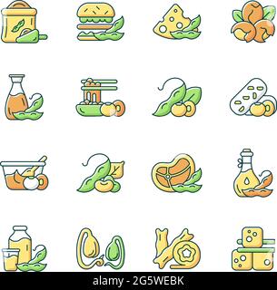 Soy foods RGB color icons set Stock Vector