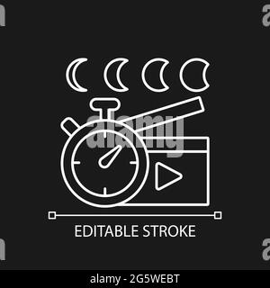 Time lapse videos white linear icon for dark theme. Shooting footage over night. Thin line customizable illustration. Isolated vector contour symbol f Stock Vector