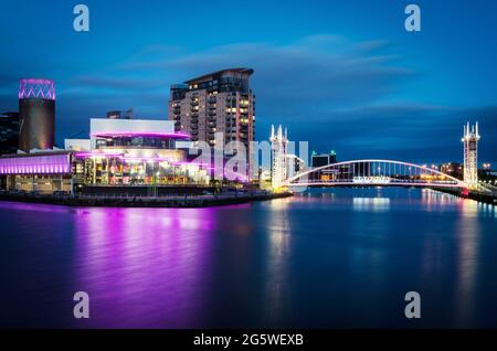 The Lowry and the Salford Quays Millennium Footbridge Stock Photo