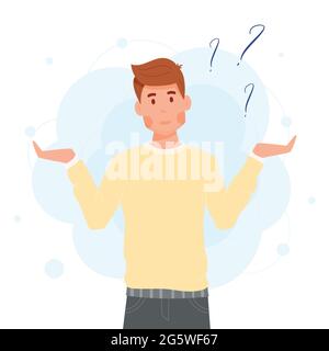 Confused man concept illustration, with wide spread heands and question marks. flat vector illustration. Stock Vector