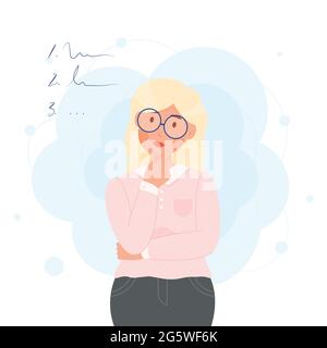 Female in glasses thinking or planning to do list, concept illustration Stock Vector