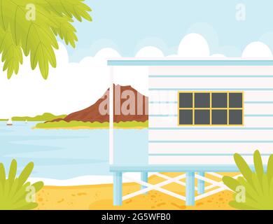 Cartoon wooden beach cabin. Lagoon mountains beach landscape. Stock Vector