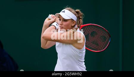 Elena Rybakina of Kazakhstan in action against Kristina Mladenovic of France during the first round of The Championships Wimbledon 2021, Grand Slam tennis tournament on June 28, 2021 at All England Lawn Tennis and Croquet Club in London, England - Photo Rob Prange / Spain DPPI / DPPI Stock Photo