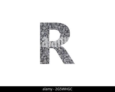 Letter R of the alphabet made with grey gravel isolated on a white background Stock Photo
