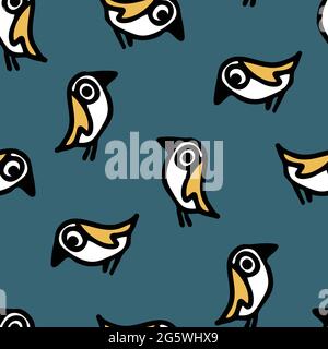 Seamless vector pattern with cartoon birds on blue background. Simple decorative robin wallpaper design. Hand drawn parrot fashion textile. Stock Vector