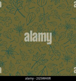 Seamless vector pattern with autumn leaves on dark green background. Outlined forest wallpaper design.  Floral fashion textile. Stock Vector