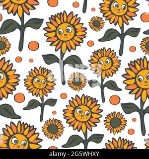 Seamless vector pattern with happy sunflowers on white background. Cartoon floral wallpaper design for children. Flower meadow fashion textile. Stock Vector