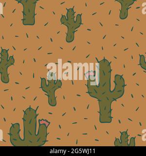 Seamless vector pattern with cactus on light brown background. Simple plant wallpaper design. Decorative fashion textile. Stock Vector