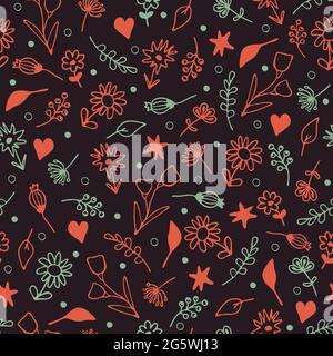 Seamless vector pattern with small flowers on dark brown background. Simple vintage floral wallpaper design. Romantic summer meadow fashion textile. Stock Vector