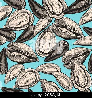 Vintage seamless pattern with oyster shells in engraving sketch hand drawn style Print with mussels elements  Stock Vector