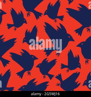 Seamless vector pattern with blue birds on bright orange background. Animal silhouette wallpaper design with flying birds. Stock Vector