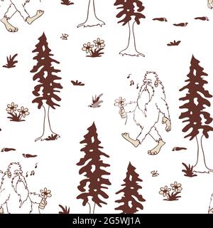 Seamless vector pattern with hand drawn Bigfoot on white background. Simple mystical forest wallpaper design. Legendary creature fashion textile. Stock Vector