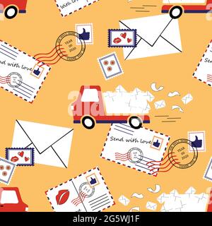 Seamless vector pattern with delivery van on pink background. Post office wallpaper design with mail truck. Package service fashion textile. Stock Vector