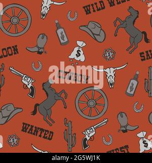 Seamless vector pattern with wild west symbols on orange background. Cartoon cowboy wallpaper design for children. Simple western fashion textile. Stock Vector