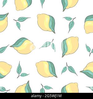 Fresh lemons background, hand drawn icons. Colorful seamless pattern with fresh fruits collection. Decorative illustration, good for printing Stock Vector