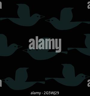 Seamless vector pattern with bird silhouette on black background. Simple decorative wallpaper design with dove. Dark seagull fashion textile. Stock Vector
