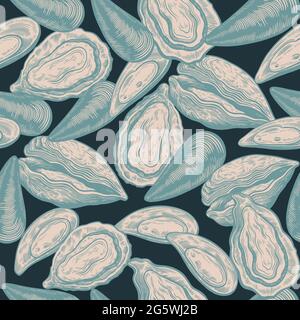 Vintage seamless pattern with oyster shells in engraving sketch hand drawn style Print with mussels elements  Stock Vector