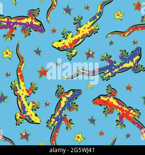 Seamless vector pattern with colourful lizards on blue background. Cute animal wallpaper design for children. Gecko fashion textile. Stock Vector