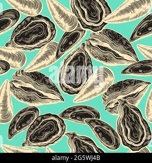 Vintage seamless pattern with oyster shells in engraving sketch hand drawn style Print with mussels elements  Stock Vector