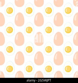 Broken eggs seamless pattern. Scrambled eggs with a seamless pattern. Scrambled eggs, isolated on a yellow background. Vector, illustration Stock Vector