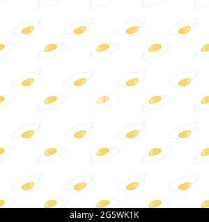 Broken eggs seamless pattern. Scrambled eggs with a seamless pattern. Scrambled eggs, isolated on a yellow background. Vector, illustration Stock Vector
