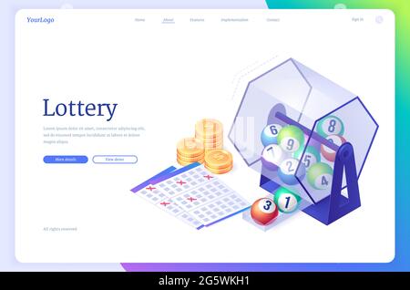 Lottery isometric landing page. Wheel drum machine with lotto balls inside, tickets with crossed lucky numbers and gold coins. Instant win, internet leisure, bingo gambling game, 3d vector web banner Stock Vector