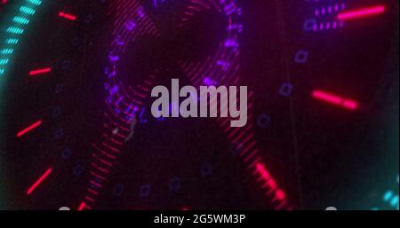 Image of circular red and purple 3d light display flashing and rotating on black background Stock Photo