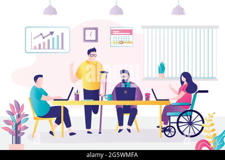 People with disabilities work in company. Сolleagues met to discussion and brainstorming. Group of businessmen and businesswomen works together. Disab Stock Vector