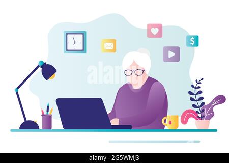 Old business woman works on computer at home. Elderly female character sitting at desk and working. Cute grandmother works remotely from home. Freelan Stock Vector
