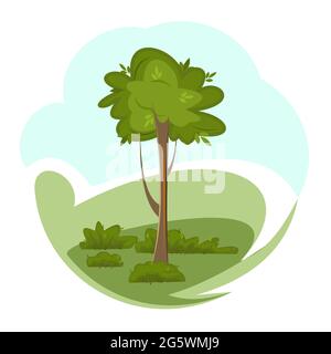Tree. Green rural landscape with hills and hills. Flat cartoon style. The illustration is isolated on a white background. Vector Stock Vector