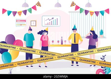 Warning yellow tapes - quarantine or lockdown. People are not allowed to hold celebrations or corporate parties. Coronavirus prevention. Unhappy emplo Stock Vector