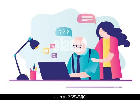 Cute woman helps older man deal with computer. Young girl helping grandfather with laptop. Male character sitting at desk and learning to use computer Stock Vector