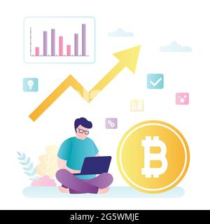 Trader use laptop for online trading. Big bitcoin and growing chart. Cryptocurrency market, blockchain technology. Yellow arrow and businessman. Flat Stock Vector
