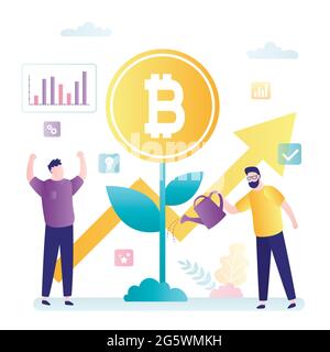 Business people, growing money tree. Investment strategies, businessman invests in bitcoin. Cryptocurrency market, blockchain technology. Team of succ Stock Vector