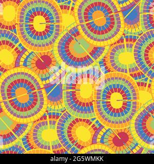 1970s style rainbow seamless vector pattern background. Backdrop with mosaic style oval pairs of rainbows in psychedelic colors. Funky overlapping Stock Vector