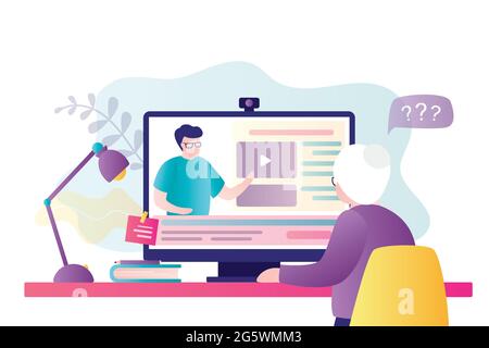 Grandmother studying on online courses. Elderly woman sitting at desktop and studying. Webinar teacher on computer screen. Concept of e-learning and t Stock Vector