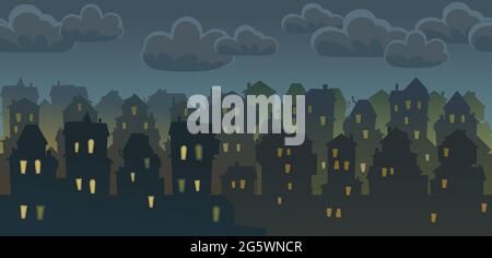 Town. Silhouette of cartoon houses of the village or city. Seamless street. Night. Nice cozy private residence in traditional style. Nice funny home Stock Vector