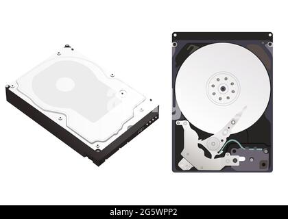 Disassembled and assembled hard disk drive isolated on white background. Vector illustration. Stock Vector