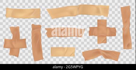 Paper adhesive tape. Masking scotch pieces with torn edge. Realistic beige sticky paper stripe. Ripped medical bandage with folds vector set Stock Vector