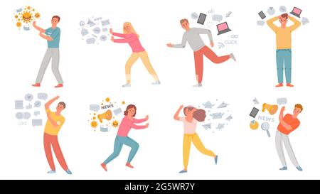 Information stress. Anxiety people running from data overload, propaganda, internet social media, fake news and pandemic panic, vector set Stock Vector
