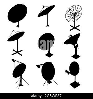 Set with silhouettes of satellite dishes isolated on white background. Vector illustration. Stock Vector