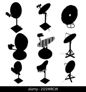 Set with silhouettes of satellite dishes isolated on white background. Vector illustration. Stock Vector