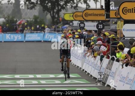 Laval, France. 30 June 2021. Nils Politt at the arrival of the stage 5 time trial of the Tour de France 2021 cycle race in Laval, France. Julian Elliott News Photography Stock Photo