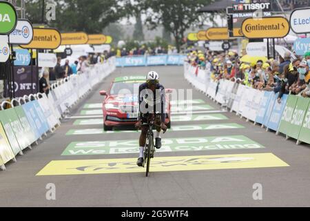 Laval, France. 30 June 2021. Nicholas Dlamini at the arrival of the stage 5 time trial of the Tour de France 2021 cycle race in Laval, France. Julian Elliott News Photography Stock Photo