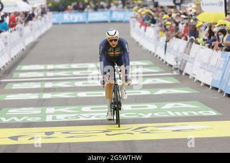 Laval, France. 30 June 2021. Petr Vakoc at the arrival of the stage 5 time trial of the Tour de France 2021 cycle race in Laval, France. Julian Elliott News Photography Stock Photo