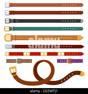 Leather belts. Female and male belt with metal or golden buckles. Fashion clothing accessories for trousers. Brown strap design vector set Stock Vector